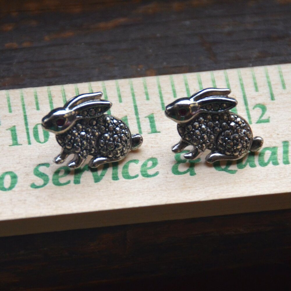 vintage set silver tone red rhinestone marcasite bunny rabbit brooch pin parure